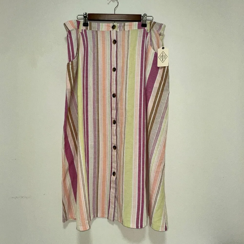 St John's Bay Women's‎ Plus XXL Midi A-Line Skirt Linen Blend Warm Stripe NWT